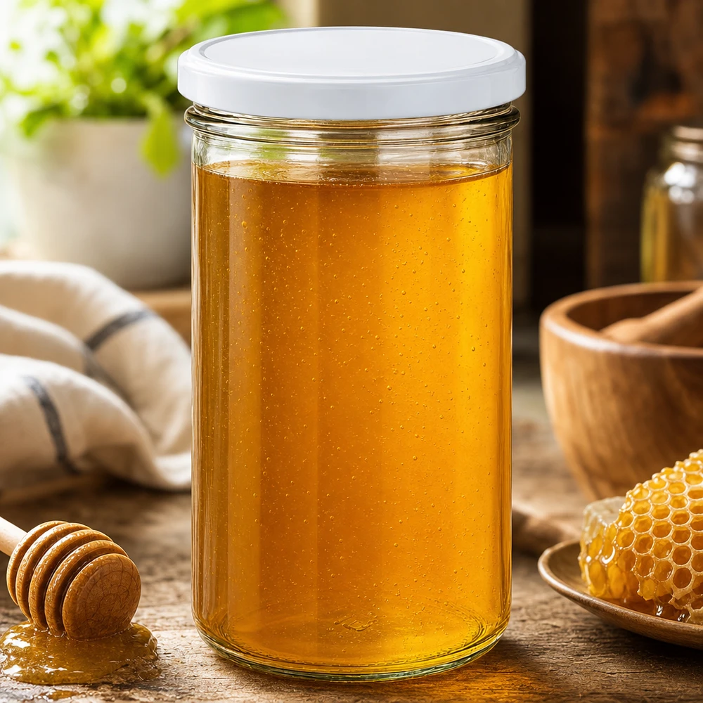277ml muuripurkki BasicSeal-kannella valkoinen UNiTWIST 277ml muuripurkki valkoisella kannella täynnä kultaista hunajaa - hunajapurkki rustiikkisella puupöydällä, jossa on hunajakennoja.
