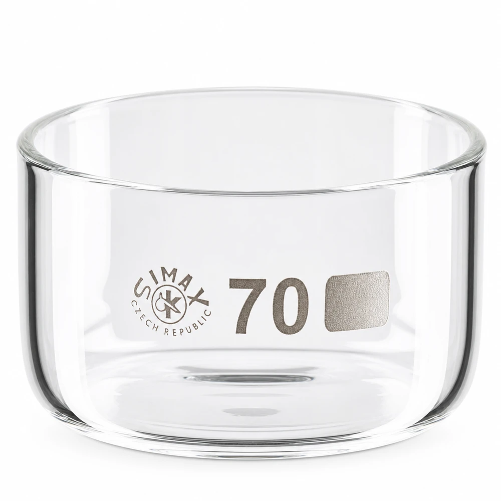 100ml kiteytysastia ilman kantta borosilikaatti ø70mm Simax-kiteytysastia 100 ml, borosilikaattilasia, sylinterimäinen muoto, ilman kaatoaukkoa, halkaisija 70 mm