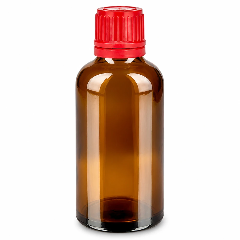 50ml pullo 11mm ruuvikorkki punainen väärentämisen estävä sulkeminen BrownLine UT18/50 50ml meripihkanvärinen lasipullo, jossa on punainen korkki nesteiden turvalliseen säilytykseen.