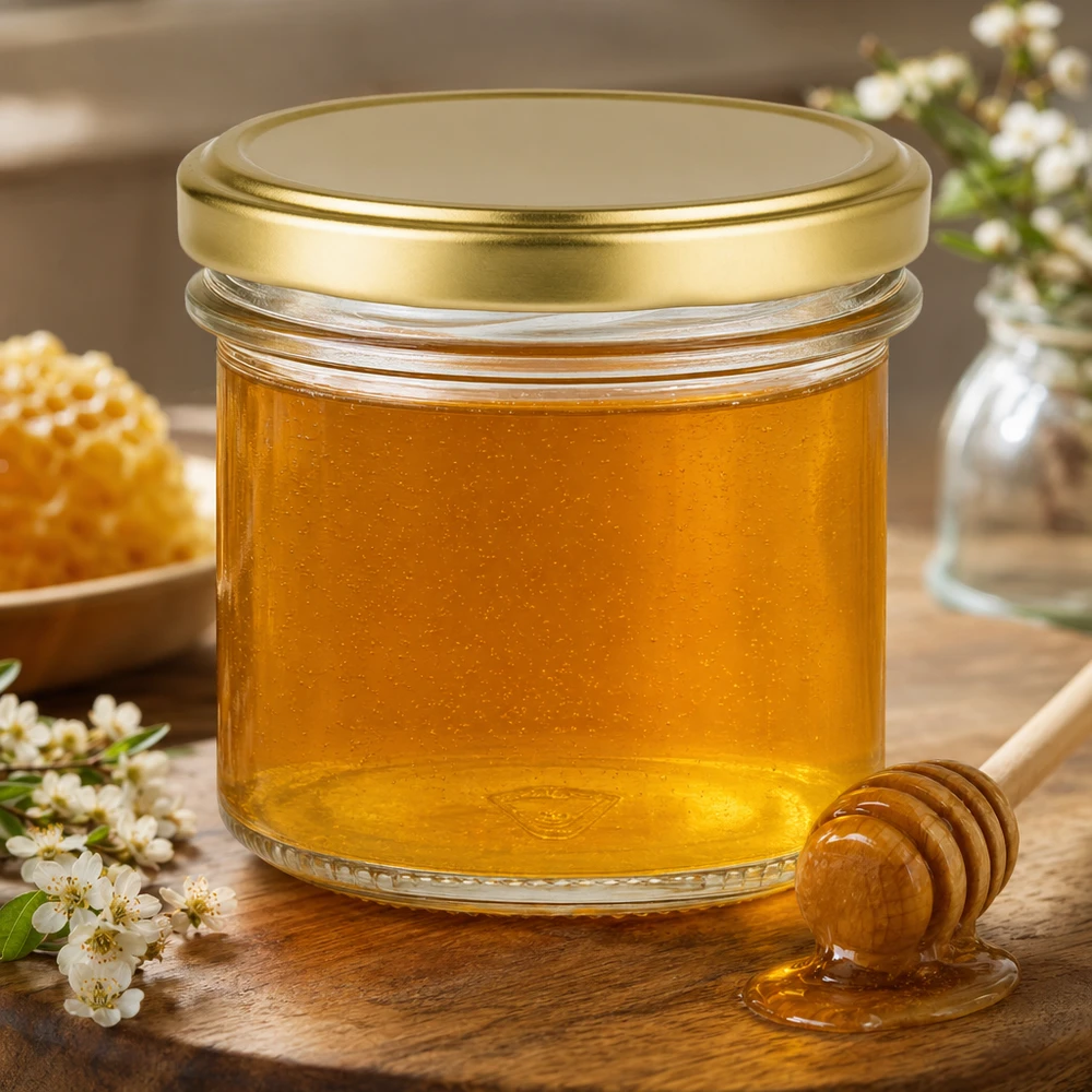125 ml:n juomapullot, joissa on kultainen BasicSeal-kansi UNiTWIST. 125ml Sturzglas mit BasicSeal Deckel gold gefüllt mit Honig neben Honiglöffel und Blütenzweigen