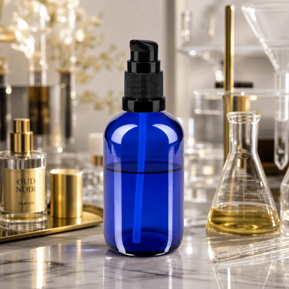 Apteekkipullo sininen 100ml pumppukorkki musta standardi Koboltinsininen 100 ml:n pumppupullo apteekkilasista, jossa on musta annostelija, laboratorioympäristössä
