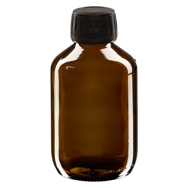 200ml lääkepullo ruskea, musta korkki, jossa on väärentämisen estävä rengas ApoGlas 200ml lääkepullo ruskea, musta korkki, jossa on väärentämisen estävä rengas ApoGlas