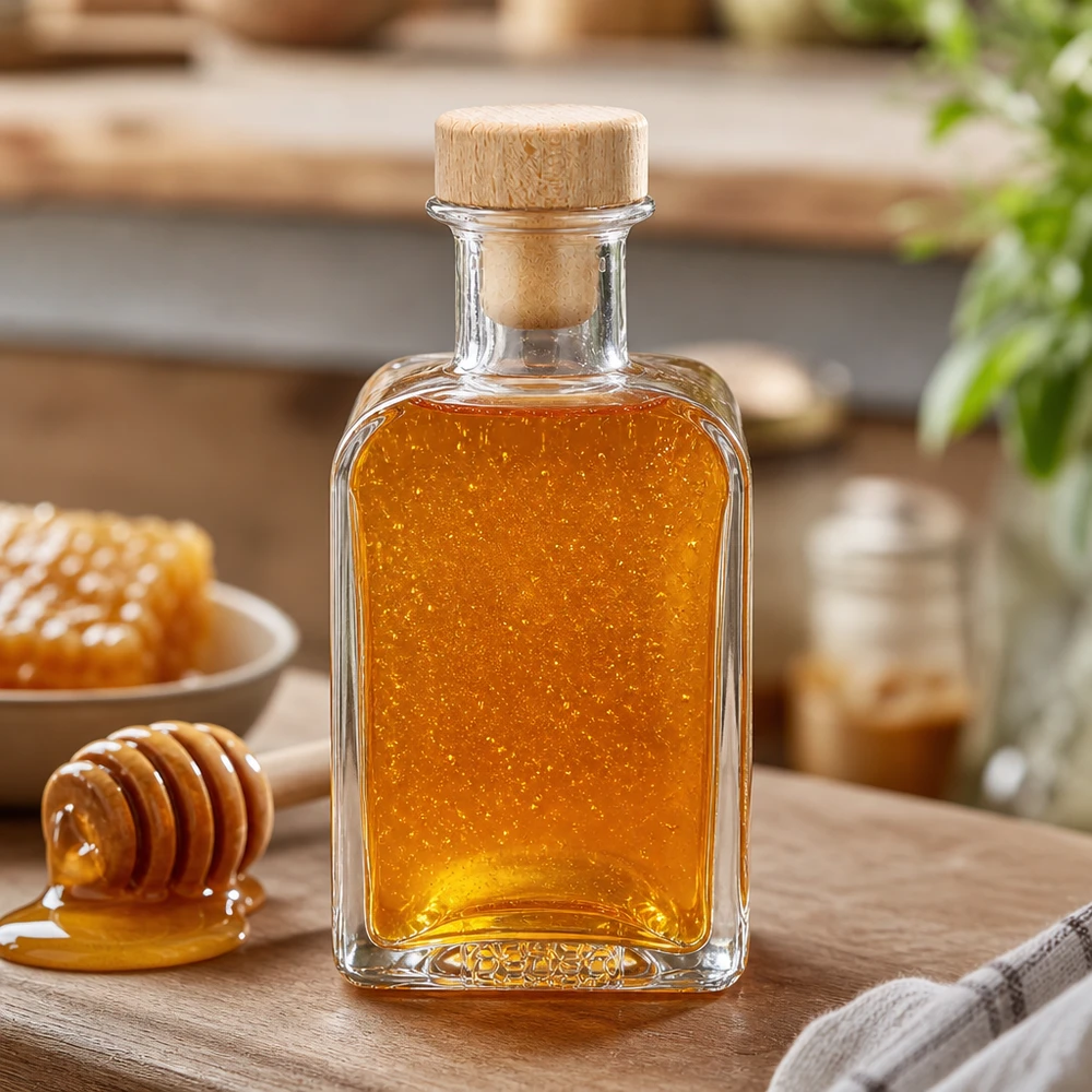 200ml Glasflasche "Clara" mit Holzgriff-Korken UNiTWIST 200ml Clara-lasipullo täynnä hunajaa Puinen korkki Hunajalusikka Mehiläisvaha Luonnollinen makeutusaine Keittiötarvikkeet