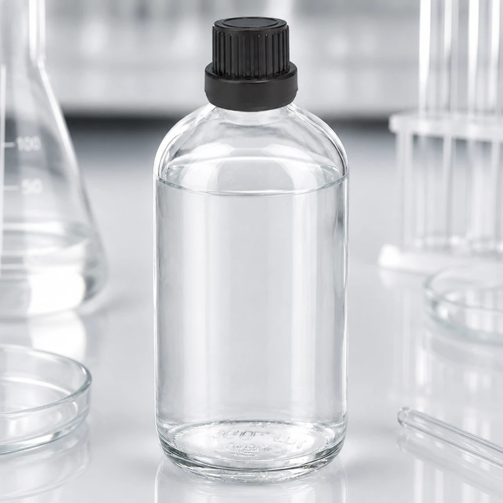 100ml tippapullo 2mm musta tamper-evident korkki ClearLine UT18/100 Sylinterimäinen 100 ml:n laboratoriopullo, jossa on 2 mm:n tippausaukko ja musta OV-korkki, ClearLine
