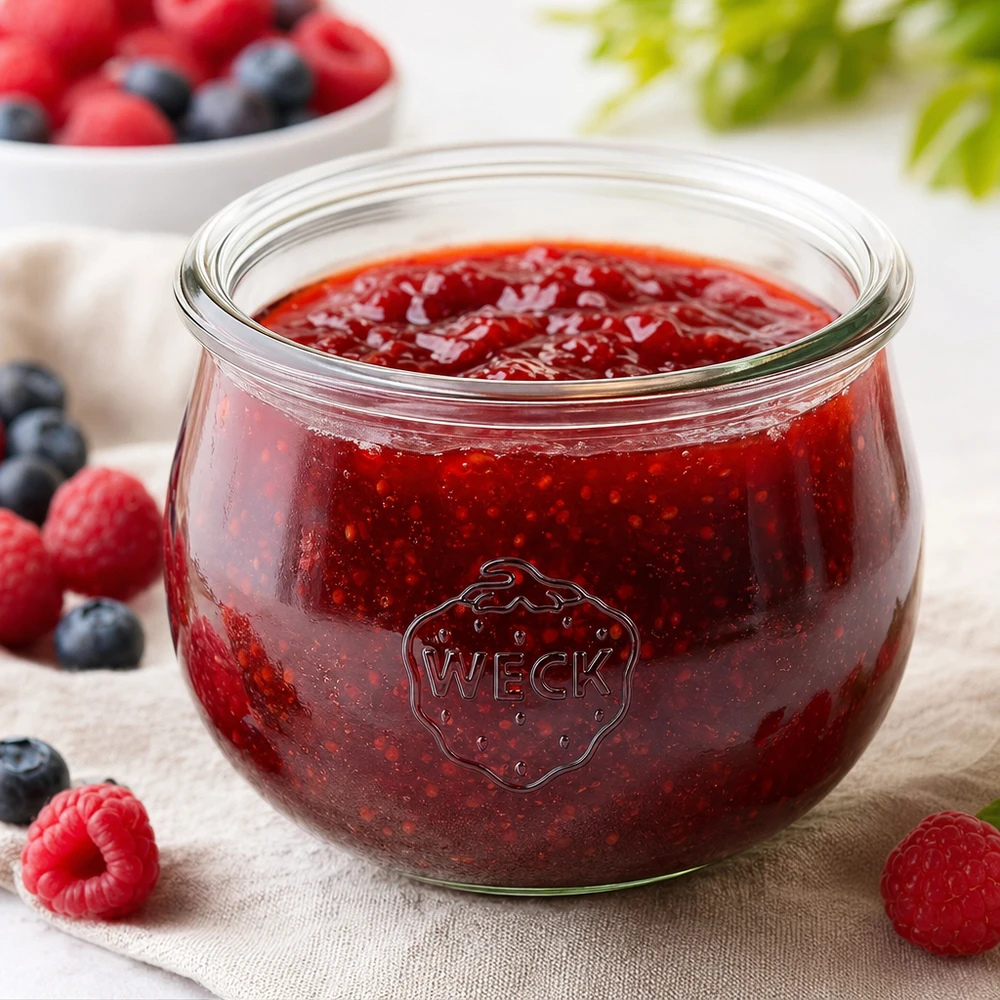 WECK tulppaanipurkki 580ml RR100 täynnä punaista hilloa, jota ympäröivät tuoreet marjat puupohjalla.