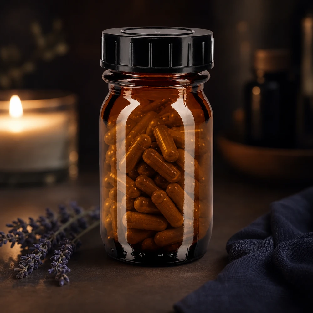 Meripihkanvärinen laajakaulalasipullo 30ml, jossa on kierrekorkki kapseleille ja tableteille.