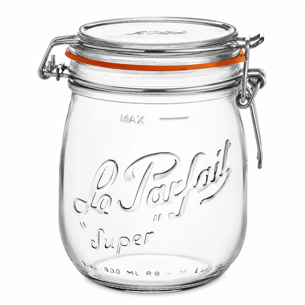 750ml Vorratsglas "Super" mit Bügelverschluss Le Parfait® 750ml Le Parfait Super säilytyspurkki, jossa on kääntyvä kansi ja kumitiiviste, kirkasta lasia keittiölle