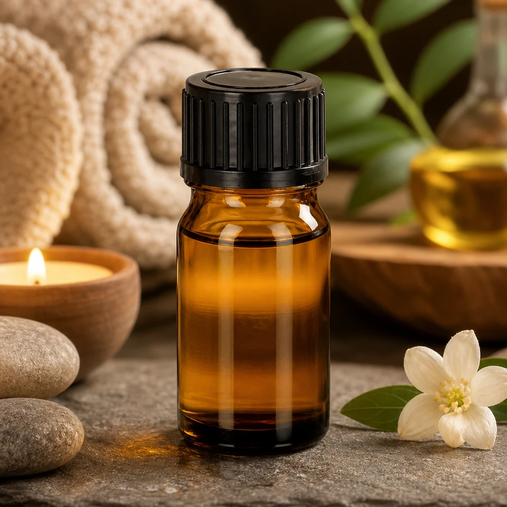 Pienikokoinen 5 ml:n lasipullo ruskealla ruskealla ja mustalla korkilla liikkuvaan aromaterapiaan tien päällä.
