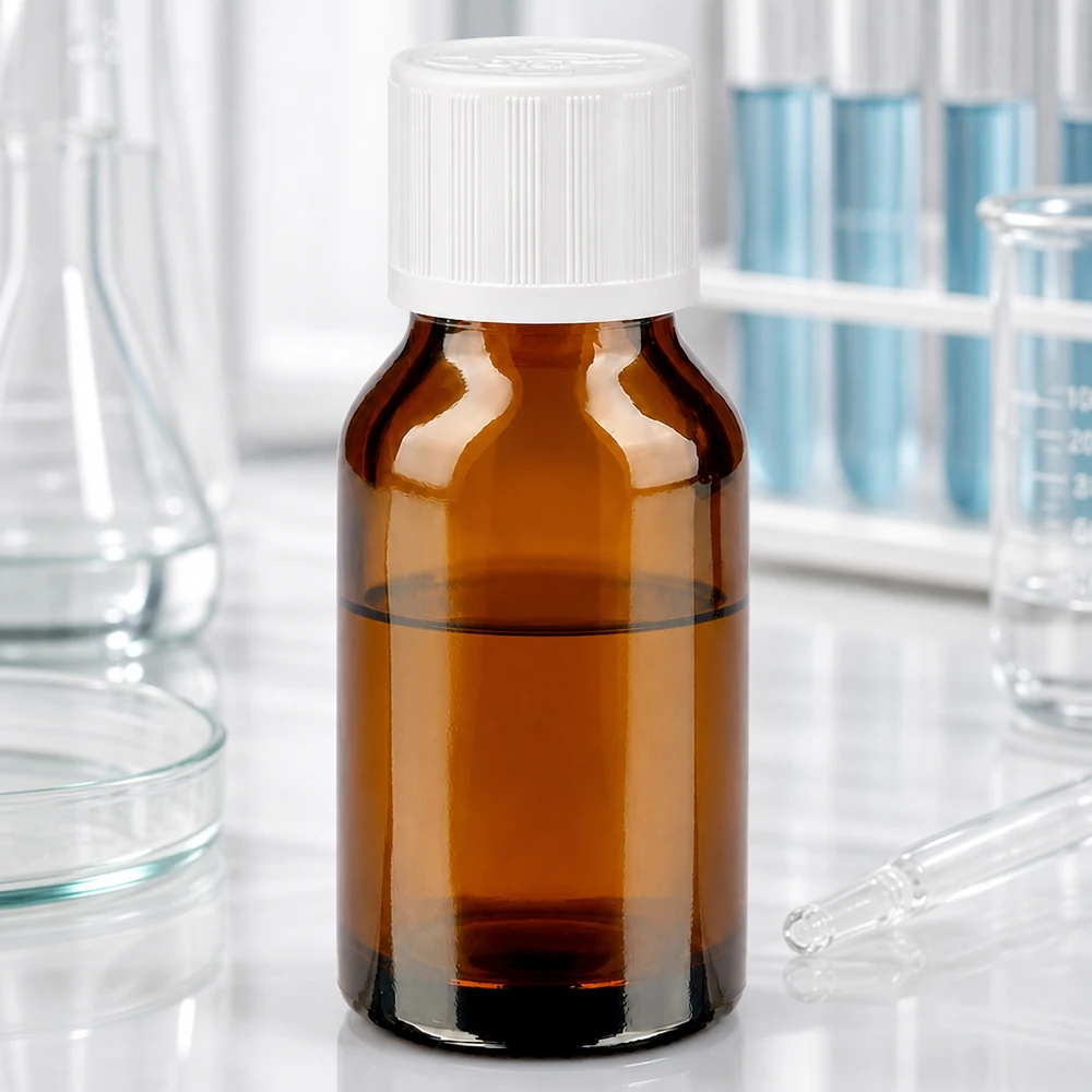 30 ml:n ruskealasinen apteekkipullo, jossa on valkoinen vakiomallinen 11 mm:n lapsiturvallinen korkki laboratoriossa
