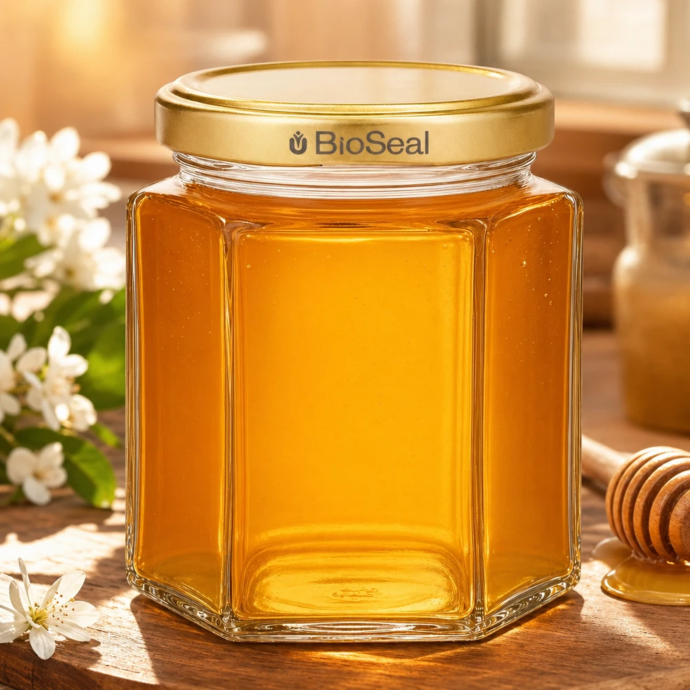 250g Honigglas mit goldenem Deckel BioSeal UNiTWIST 250g hunajapurkki kuusikulmainen täynnä kultaista hunajaa BioSeal kansi Mehiläishoitopakkaus puupöydällä kukkien kanssa