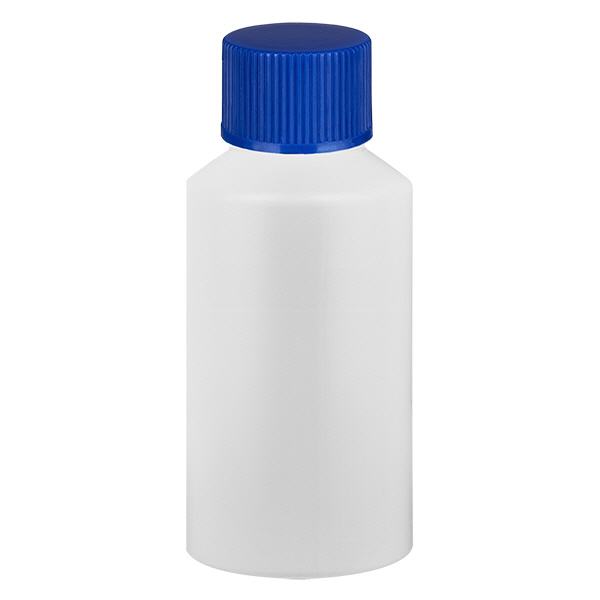 Apteekkipullo HDPE 50ml valkoinen, sinisellä ruuvikorkilla varustettu Apteekkipullo HDPE 50ml valkoinen, sinisellä ruuvikorkilla varustettu