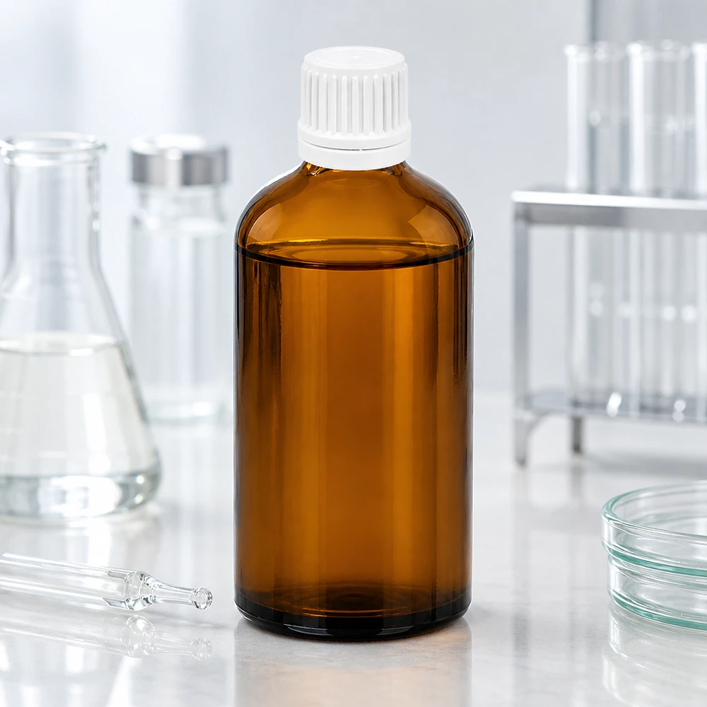 100ml pullo 11mm kierrekorkki valkoinen väärentämisen estävä sulkeminen BrownLine UT18/100 100 ml:n laboratoriopullo, joka on valmistettu UV-suojatusta meripihkanvärisestä lasista ja jossa on valkoinen, väärentämisen varmentava korkki.