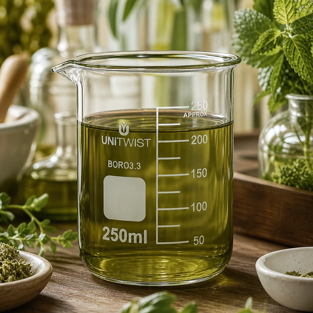 250 ml borosilikaattilasi, matala muotti UNiTWIST UNiTWIST-lasikuppi, 250 ml, matala malli, jossa on vihreää yrttiuutetta ja jota ympäröivät tuoreet lääkekasvit