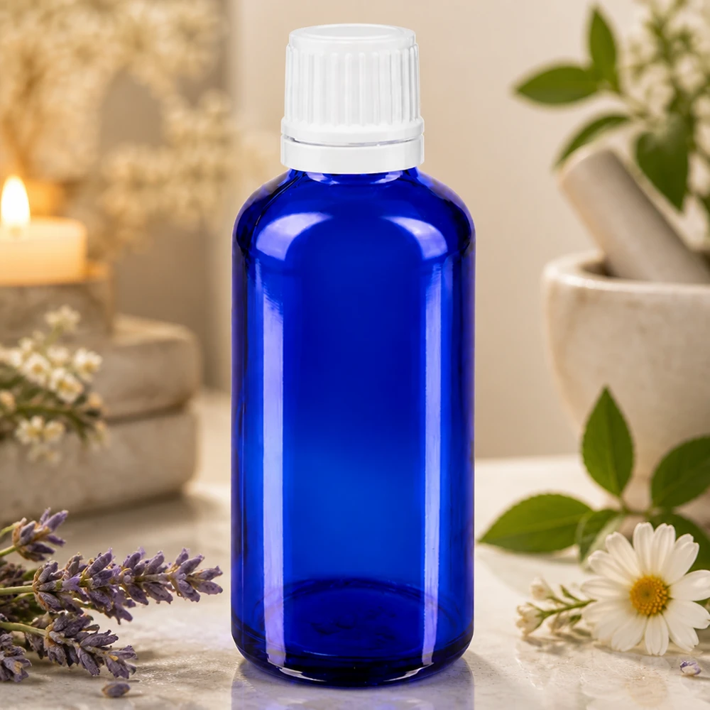 Apteekkipullo sininen 50ml tippapullo tippakorkki 1.2mm valkoinen peukaloinninestokorkki Sininen 50 ml:n lasipullo, jossa on valkoinen kierrekorkki, ja jonka sisällä on laventelia ja kamomillankukkia