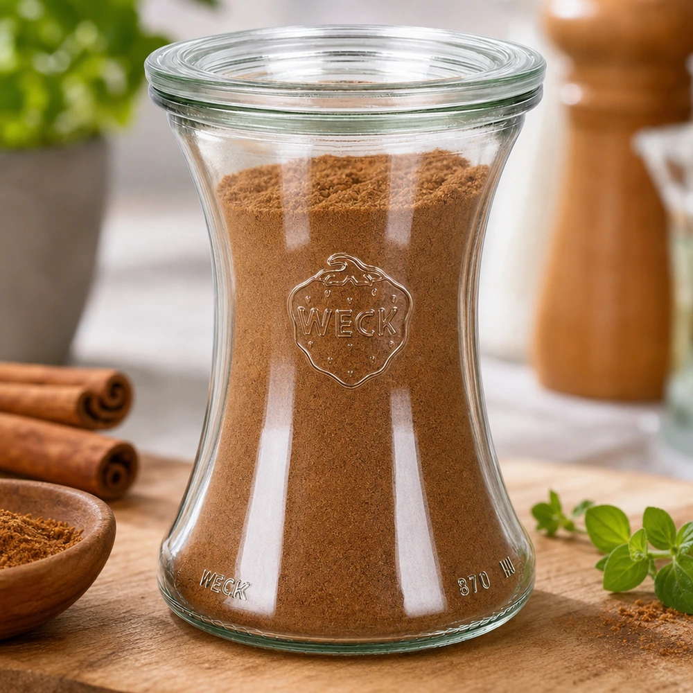 WECK Delikatessenglas 370ml RR80 mit Zimt gefüllt zeigt perfekte Gewürzaufbewahrung in stilvollem Glasdesign