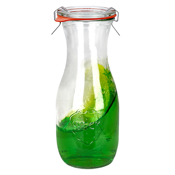 Setti 24 Weck-purkkia 530ml mehupullo, jossa on 24 lasikantta. Setti 24 Weck-purkkia 530ml mehupullo, jossa on 24 lasikantta.