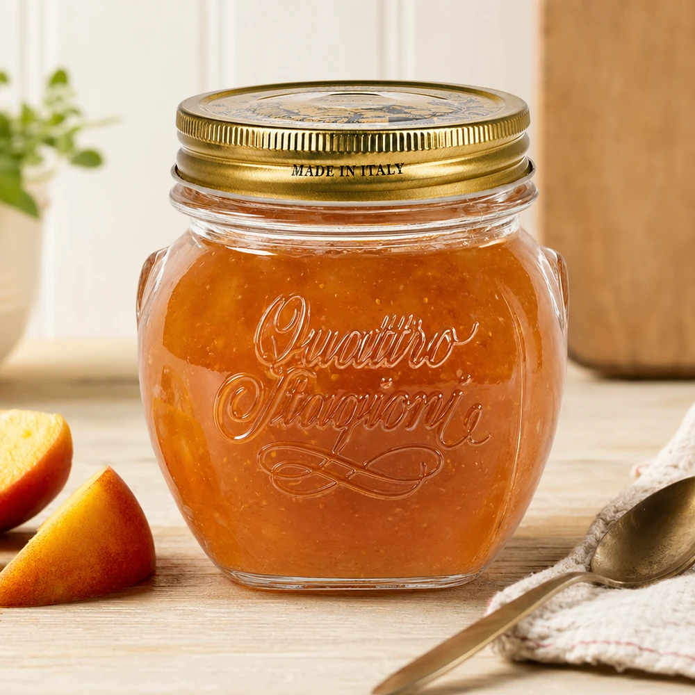300ml pyöreä purkki "Quattro Stagioni", jossa on kansi. 300ml Quattro Stagioni Rundglas mit goldenem Deckel gefüllt mit Marmelade auf Holztisch neben Orangenscheiben