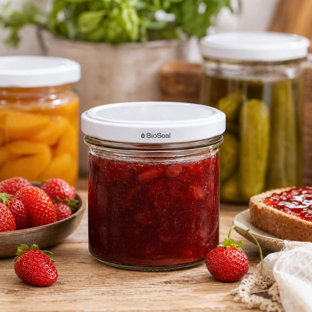UNiTWIST-purkki 125ml mansikkahillo kotitekoinen valkoinen TO66 BioSeal kansi säilöntään