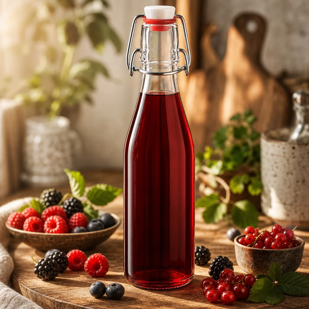 250ml lasipullo, jossa on keinukorkki ja joka on täytetty punaisella marjamehulla, jota ympäröivät tuoreet marjat maalaismaisessa keittiöympäristössä.