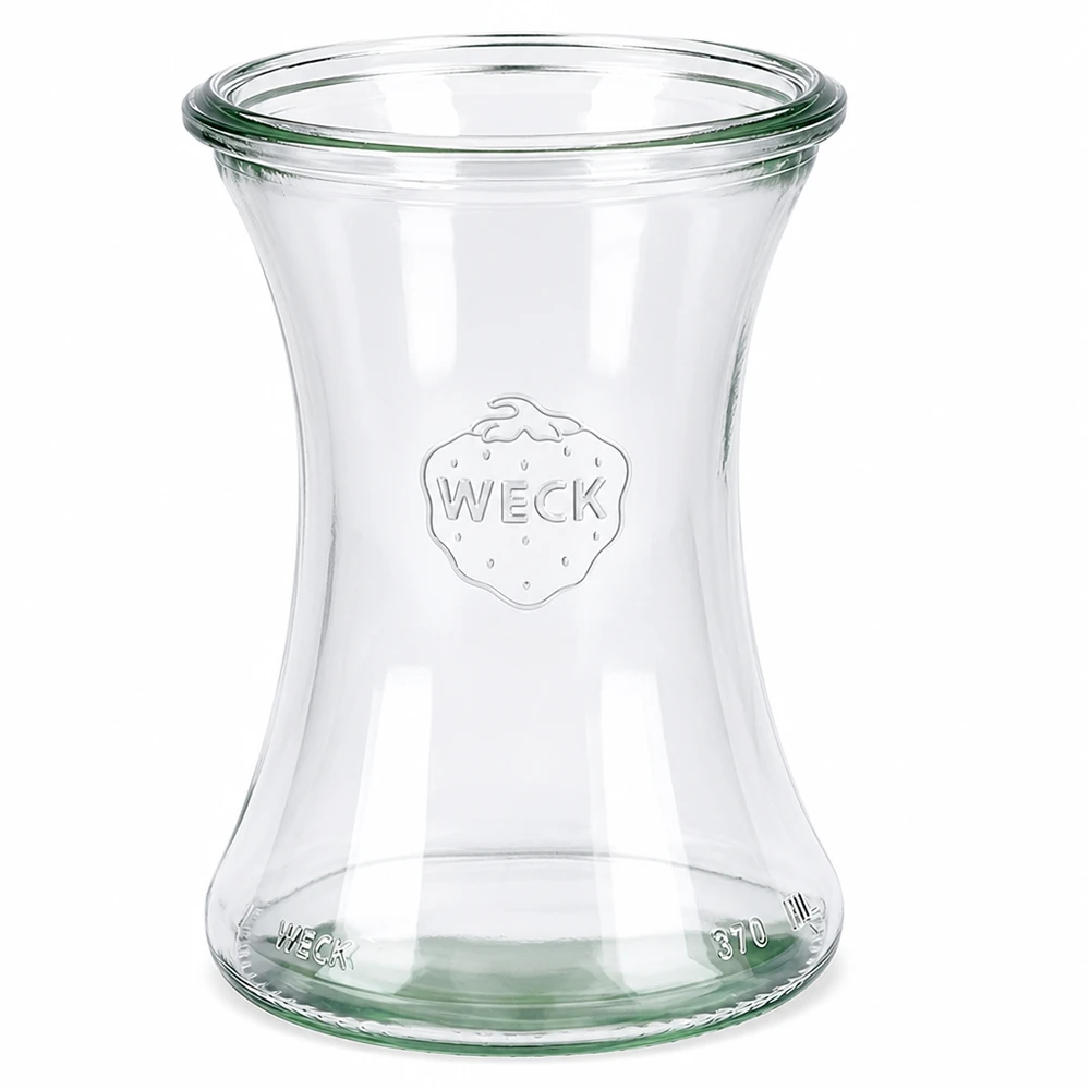 370 ml:n WECK RR80 -herkkupurkki WECK herkkupurkki 370ml RR80 kirkkaasta lasista, jossa on kohokuvioitu logo ja tilavuusmerkintä.
