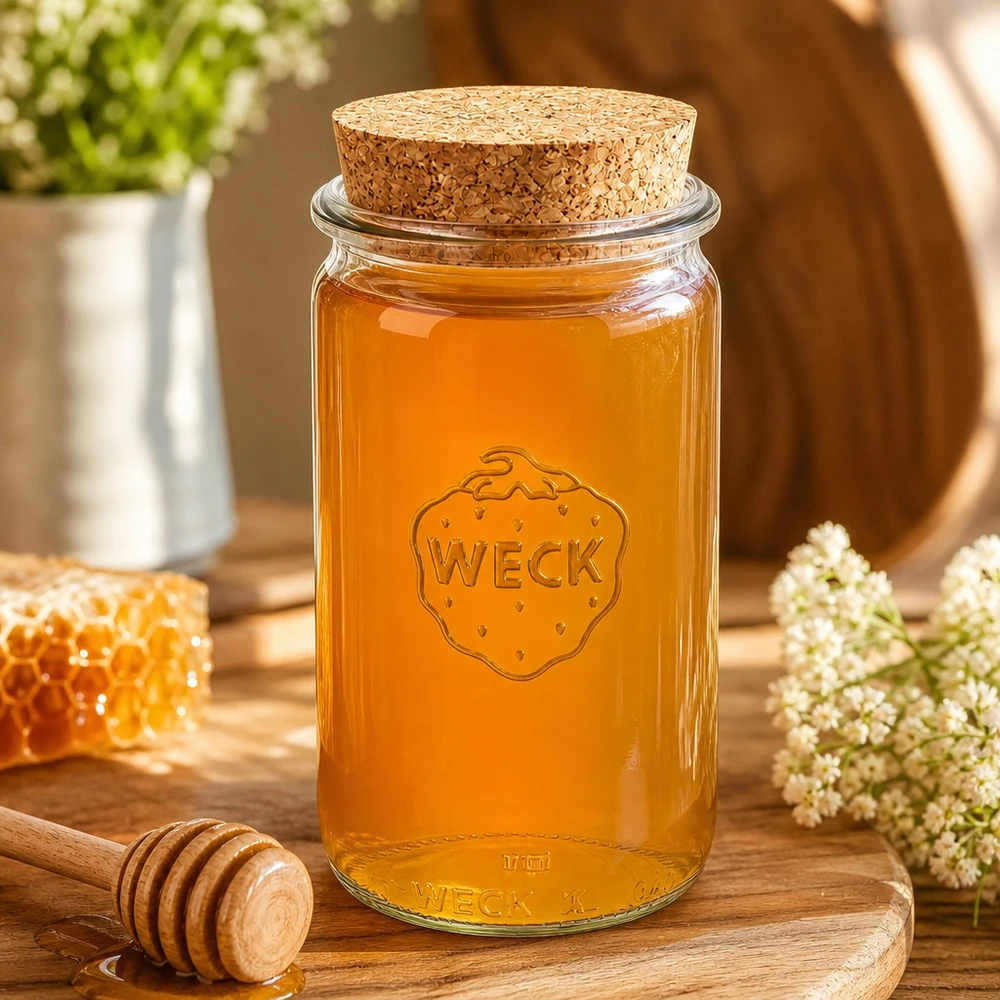 340ml sylinteripurkki WECK RR60 korkilla luonnonmukainen WECK Honigglas 340ml RR60 mit Korkenverschluss auf Holzbrett zwischen Waben und Blüten zeigt natürliche Aufbewahrung