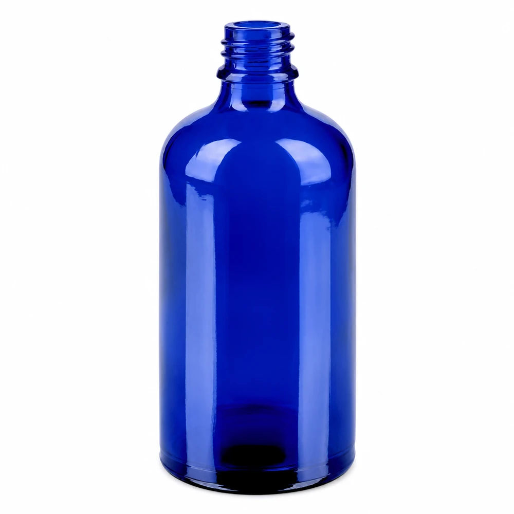 100ml nenäsumutinpullo musta valkoinen/läpinäkyvä vakiokorkki BlueLine UT18/100 BlueLine UT18/100 Sininen lasipullo 100ml ruuvikierteellä nenäsumutetta varten BlueLine-sarjan BlueLine-sarja