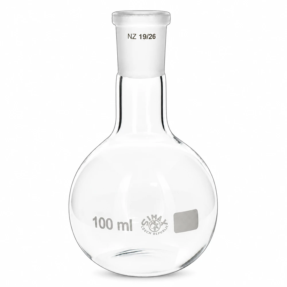 100ml lantiopullo, jossa on vakiohiottu liitos (19/26). Pyöreäpohjainen pullo 100ml, jossa on NS 19/26 hiottu liitos - läpinäkyvä laboratoriolasi kemiallisiin synteeseihin.