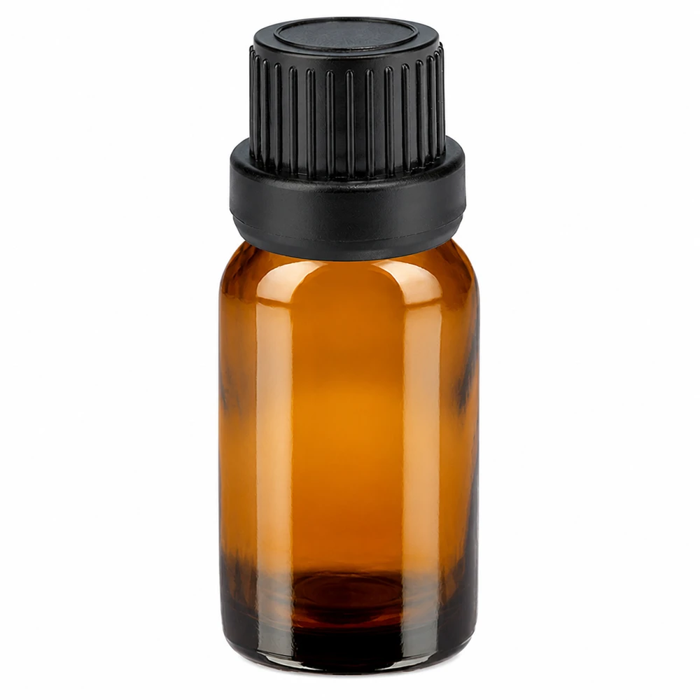 10ml pullo 11mm ruuvikorkki musta väärentämisen estävä korkkiII BrownLine UT18/10 10ml meripihkanvärinen lasipullo mustalla kierrekorkilla eteerisille öljyille ja kosmetiikalle.
