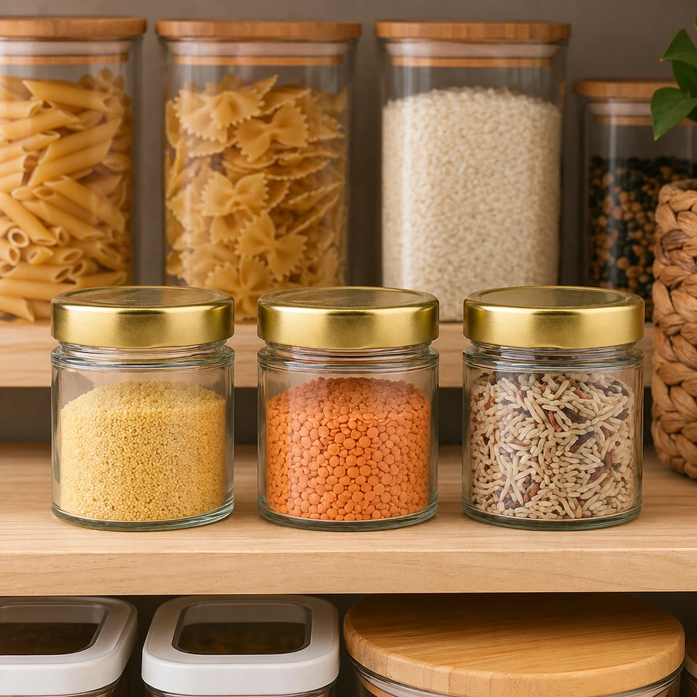 154ml pyöreä purkki, jossa on BasicSeal-kansi kultainen syvä UNiTWIST 154ml BasicSeal kultainen pyöreä purkki ruokakomerossa kohtaus, jossa on palkokasveja riisi pasta säilytys keittiön kaapissa