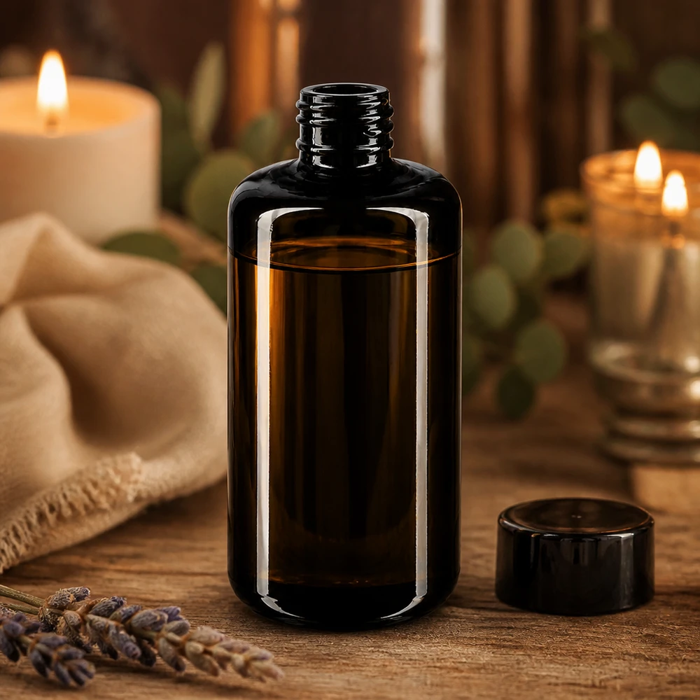 Tyylikäs 200ml Draco-pullo mustalla kierrekorkilla ammattimaiseen kosmetiikkatuotantoon.
