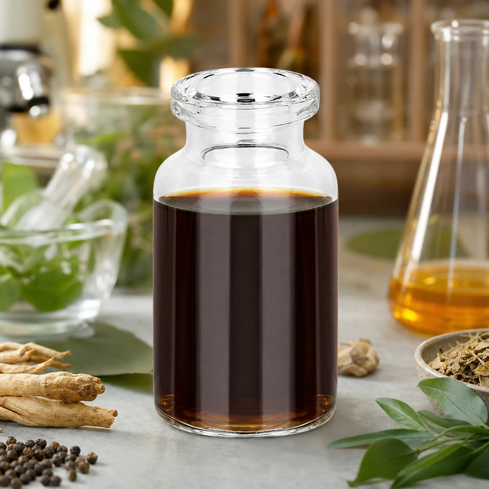 Injektiopullo kirkasta lasia 10ml Zylindrische Injektionsflasche 10ml Klarglas mit dunklem Kräuterkonzentrat und getrockneten Wurzeln