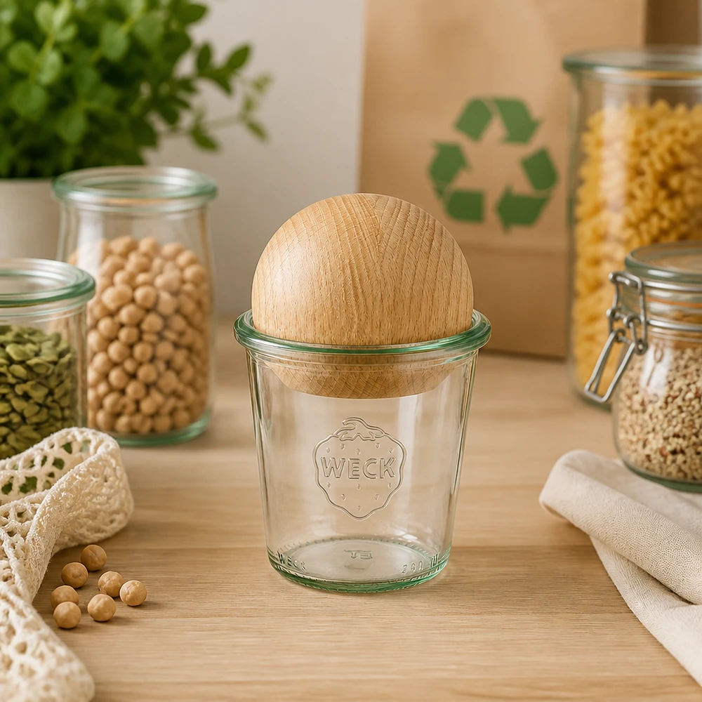 290ml korkea lasipurkki WECK RR80 puupallolla pyökki WECK tumblers 290ml RR80 pyökkipallolla kestävässä nollajätekeittiössä säilytyspurkkien ja kierrätyssymbolin välissä.