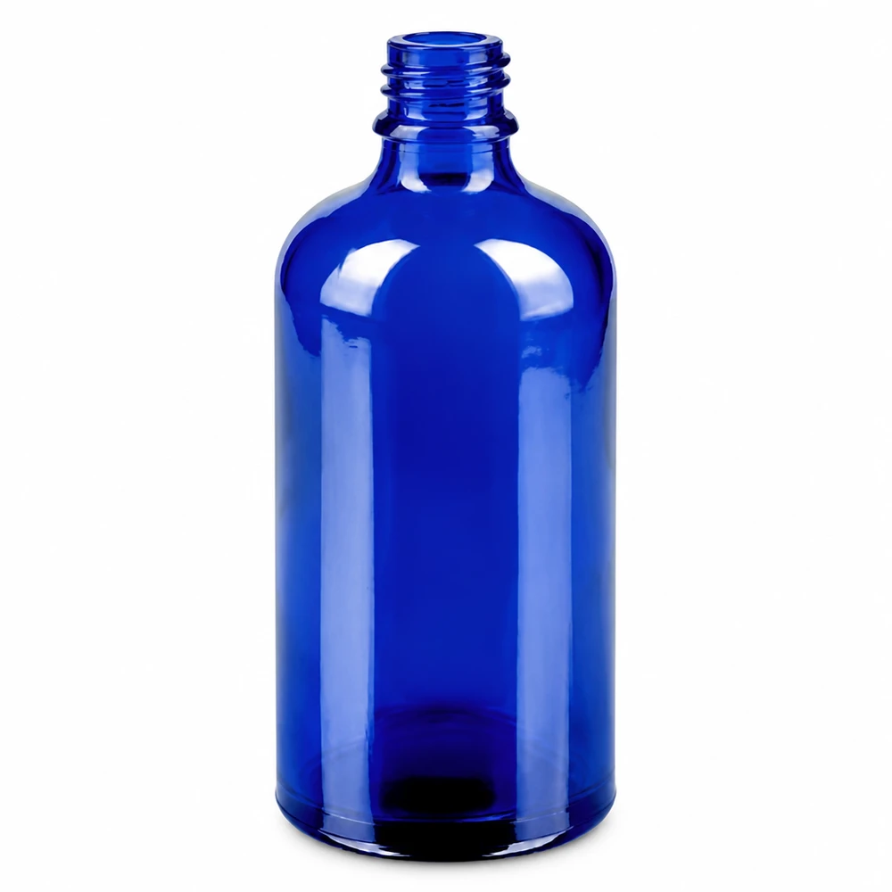 100ml suihkepullo keltainen/läpinäkyvä vakiokorkki BlueLine UT18/100 Sininen lasinen suihkepullo 100ml ruuvikierteellä eteerisille öljyille ja hajuvesille.