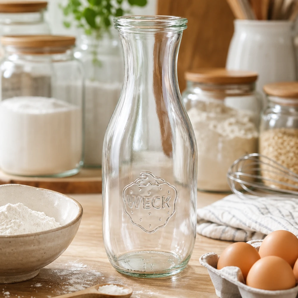 WECK mehupullo 1062ml tyhjä keittiössä, jossa on leivonta-aineita, jauhoja, munia ja säilytyspurkkeja puisella työtasolla.