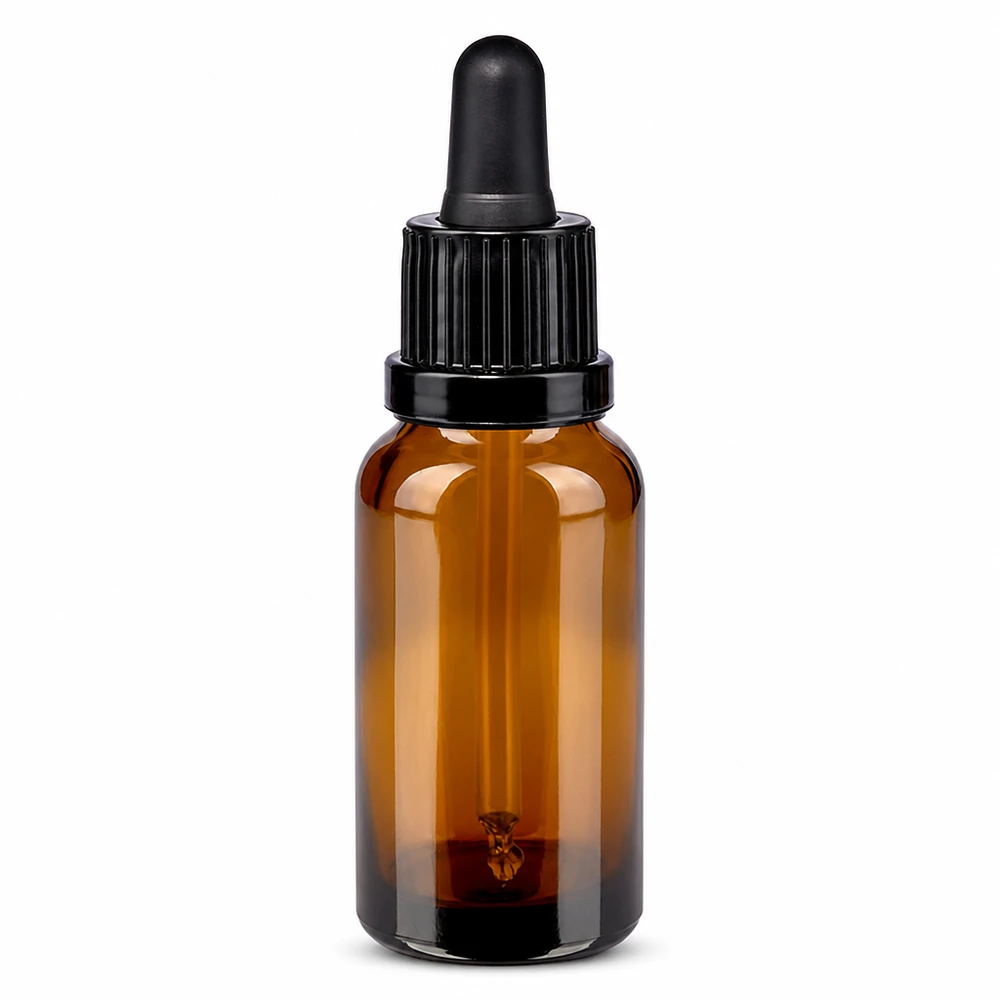 20ml pipettipullo ruskea, musta korkki kosmetiikkaan ja eteerisiin öljyihin