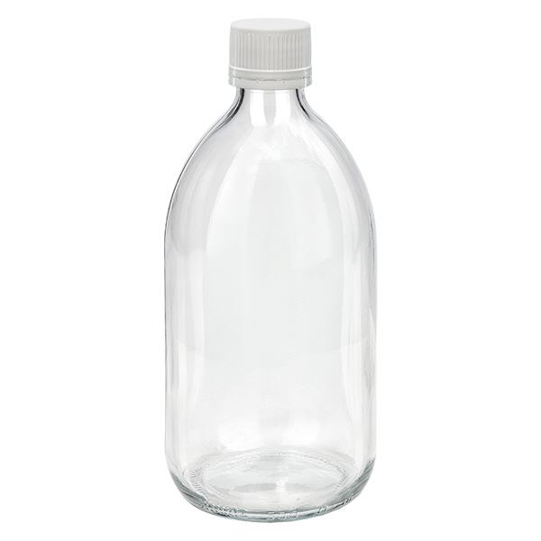 500ml lääkepullo kirkas, korkki valkoinen/hieno, jossa peukalointi-ilmoitusrengas ApoGlas