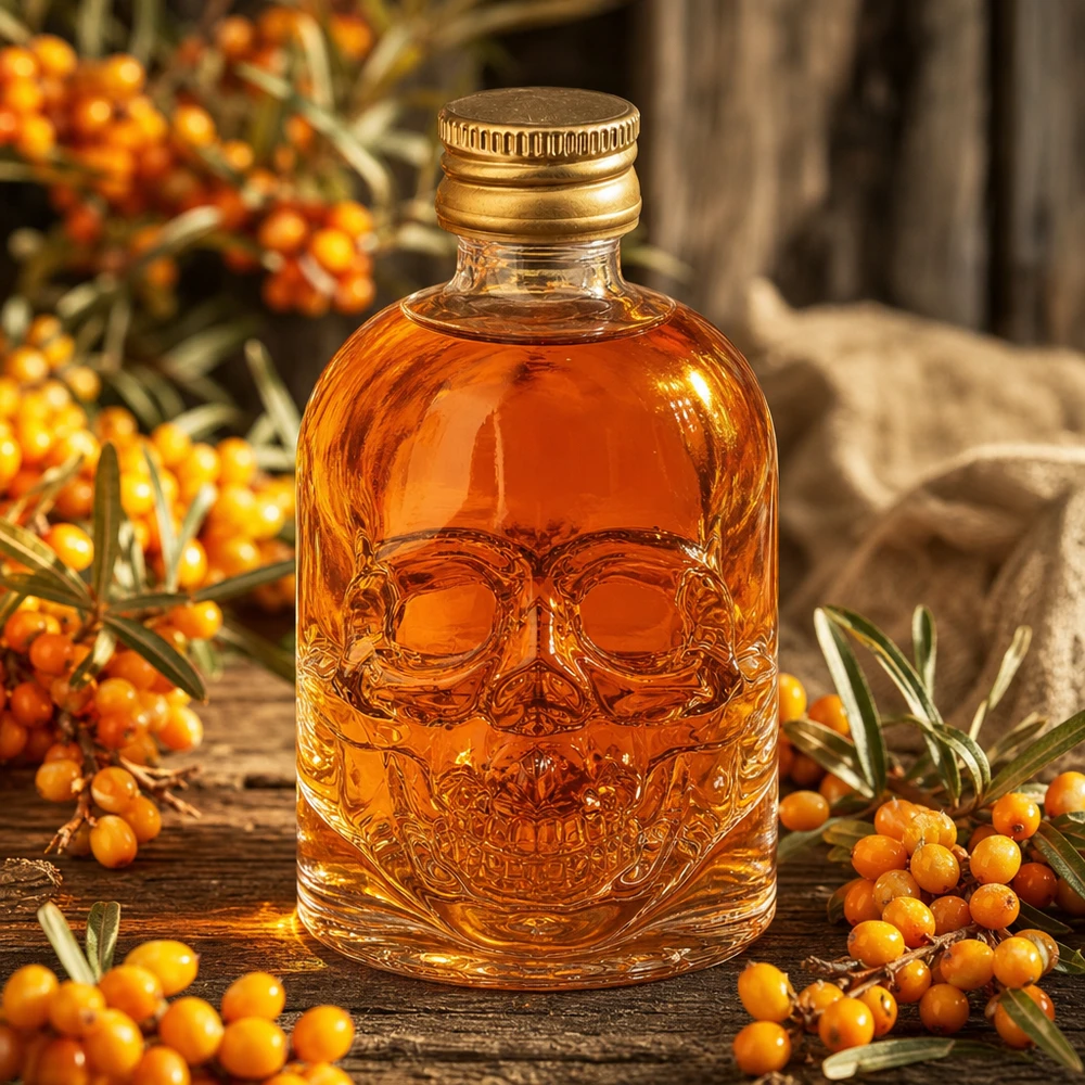 50ml Glasflasche "Hector" + Schraubverschluss gold UNiTWIST 50ml Hector-lasipullo, jossa on pääkalloreliefi ja meripihkanvärinen sisältö tyrnimarjojen välissä puupöydällä.