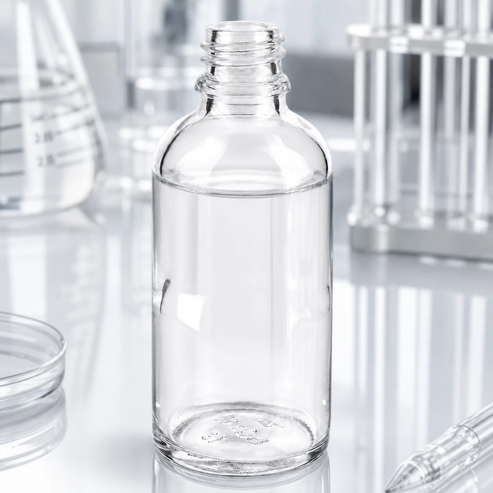 Pieni 50ml ApoGlas-lasipullo apteekkilaatua nesteiden tarkkaan annosteluun.