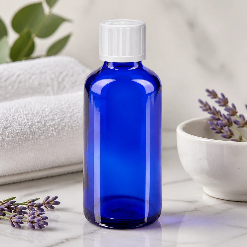 Apteekkipullo sininen 50ml kierrekorkki valkoinen lapsiturvallinen vakio Koboltinsininen 50 ml:n apteekkipullo, jossa on valkoinen KiSi-korkki, laventelin vieressä marmorilla