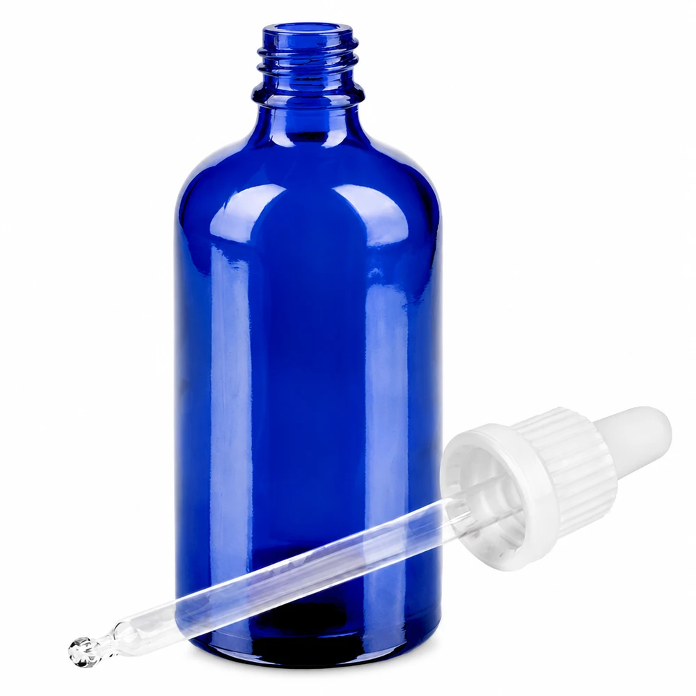 Sininen lasipullo 100ml pipetillä eteerisille öljyille ja kosmetiikalle BlueLine UT18/100