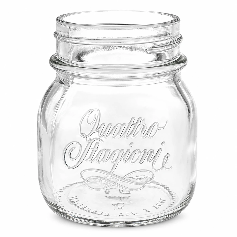 150ml Quattro Stagioni säilöntätölkki kirkkaasta lasista, jossa on kohokirjaimet ja ruuvikierre.