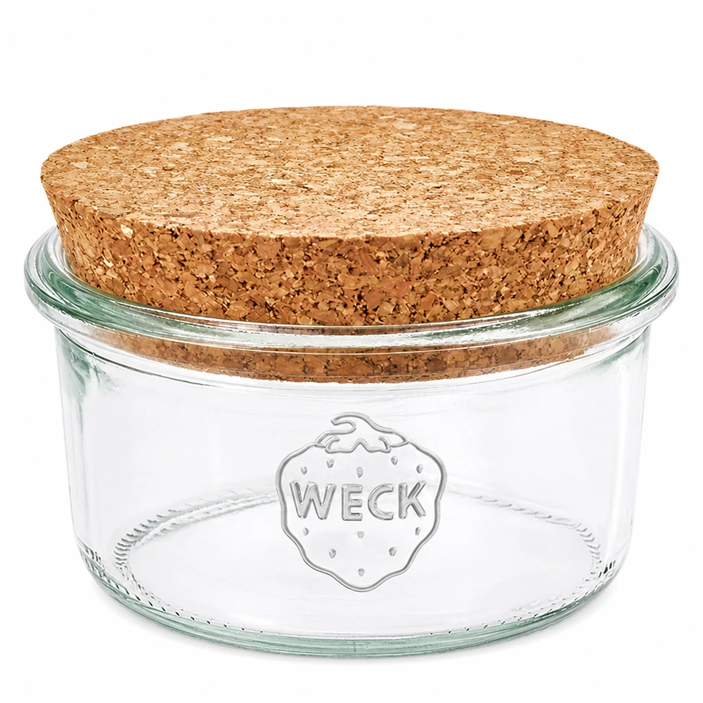 165ml juomalasit WECK RR80 korkilla luonnonvärinen WECK 165ml RR80 muuripurkki, jossa on luonnollinen korkkikansi Kirkas lasinen säilytyspurkki