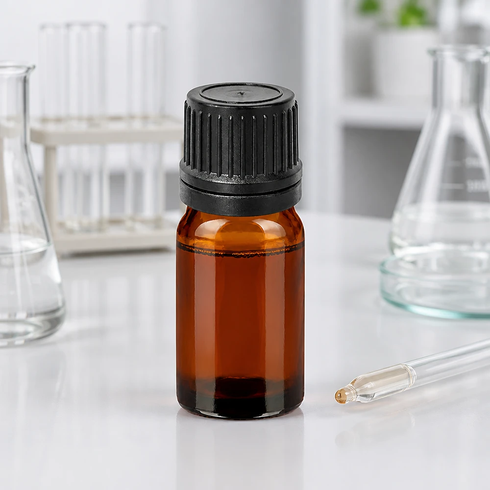 5ml tippapullo 1mm musta väärentämisen estävä korkki BrownLine UT18/5 Kompakti 5 ml:n tippapullo, joka on valmistettu UV-suojatusta meripihkalasista ja jossa on musta OV-korkki laboratoriokäyttöön.