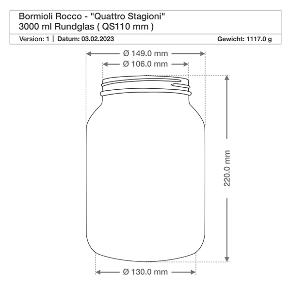 3000ml pyöreä purkki "Quattro Stagioni" kannella varustettuna Tekninen piirustus 3000ml Quattro Stagioni pyöreä lasi, jonka mitat ovat Korkeus 220mm Halkaisija 149mm Paino 1117g.