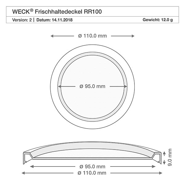370 ml:n lasipurkki, jossa on tuoreuskansi, WECK RR100 Tekninen piirustus WECK-kansi RR100, jonka mitat ovat 110 mm ja halkaisija 95 mm Gugelhupf-purkkiin.