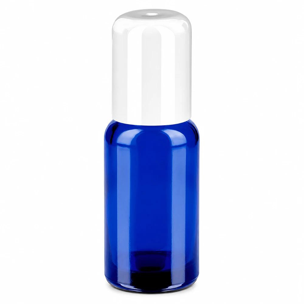 20ml roll-on-pullo sininen, valkoinen korkki kosmetiikalle ja eteerisille öljyille.