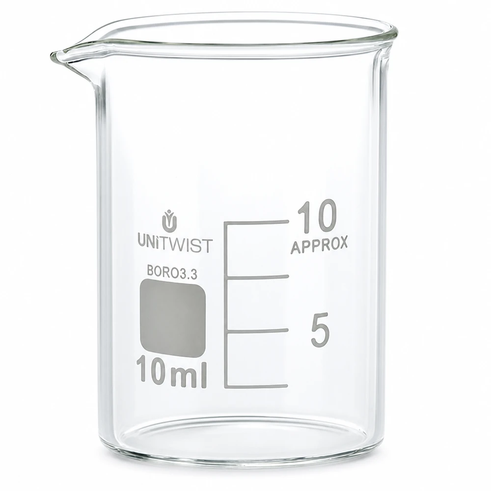 UNiTWISTin 10 ml:n matalaprofiilinen borosilikaattilasi (tyyppi 3.3) -mitta-astia, jossa on millilitra-asteikko