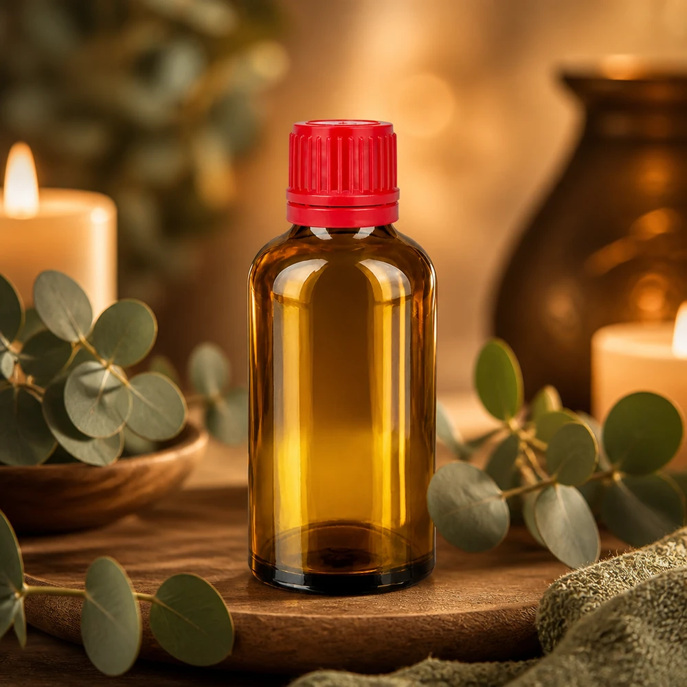 50ml apteekkipullo ruskeaa lasia, jossa punainen lapsiturvakorkki eteerisille öljyille.