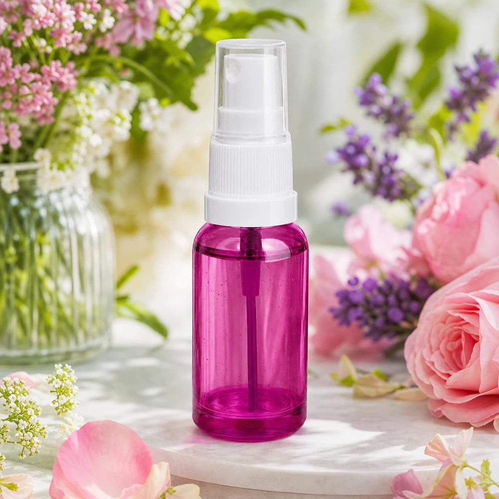 20ml tippapullo valkoinen/läpinäkyvä Standard PurpleLine UT18/20 20 ml:n suihkepullo korkealaatuisesta läpinäkyvästä muovista, jossa on valkoinen suihkepää violetilla sävyllä.