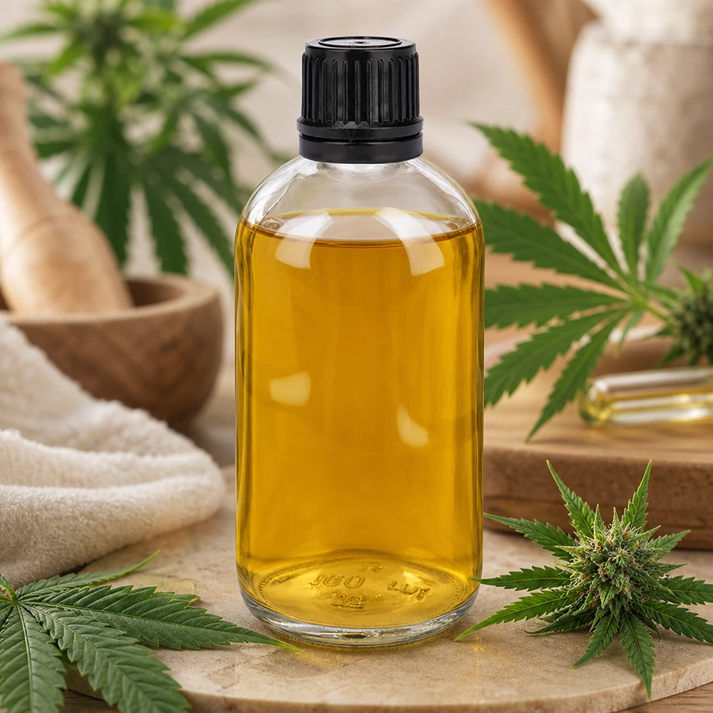 100 ml:n kirkaslasipullo, joka on täytetty CBD-öljyllä ja ympäröity kannabiksen lehdillä ja kukilla